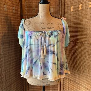 Surf Gypsy Pastel Tie Dye Cold Shoulder Fringed Top